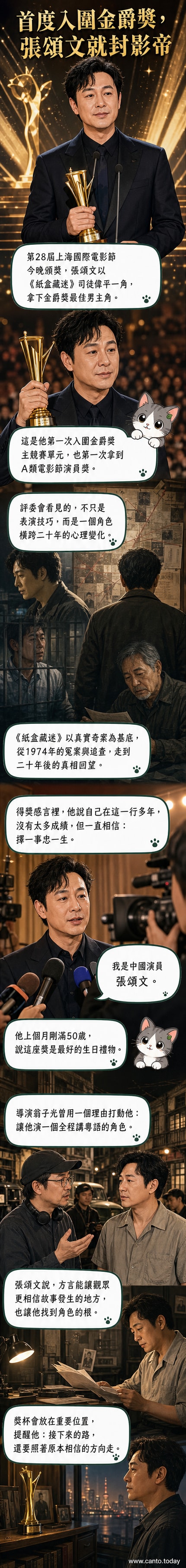 張頌文站在頒獎台上手持金爵獎杯，神情真摯，背景為上海國際電影節典禮現場。