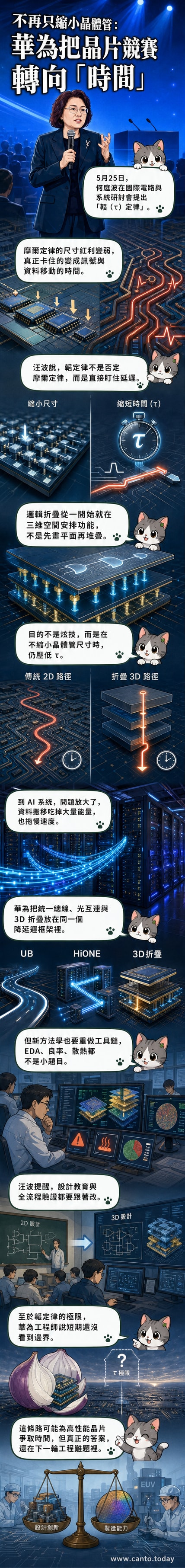 一塊三維堆疊的晶片結構示意圖,顯示上下層電路透過垂直互連縮短訊號路徑,象徵華為「韜定律」突破傳統設計框架。