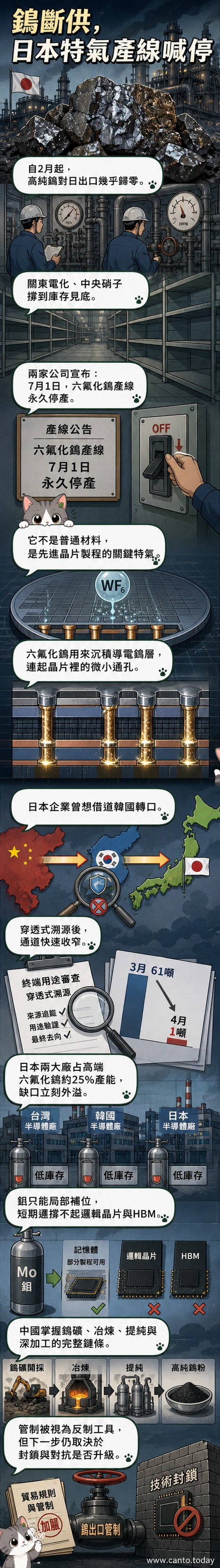 一隻手掐住半導體晶片的動脈,背景為工廠與化學分子結構示意圖,象徵中國斷供高純鎢對日本半導體產業的打擊。