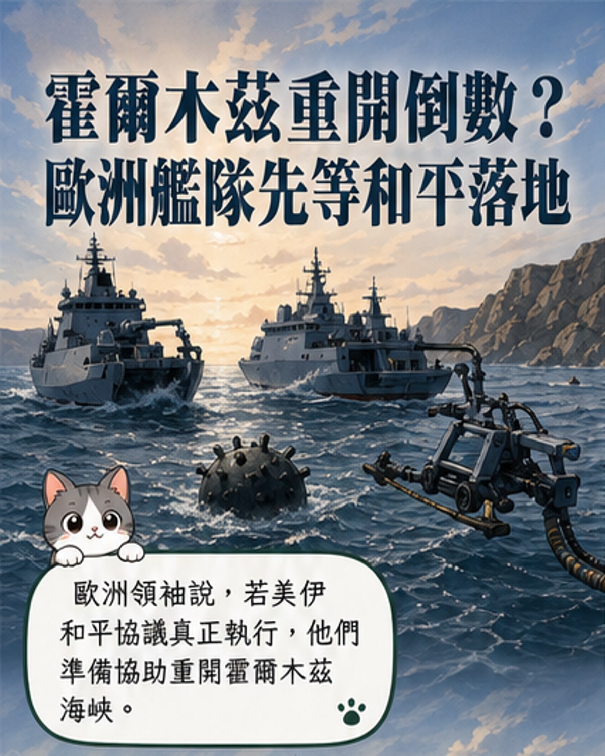 一張地圖顯示霍爾木茲海峽位置,周圍標示英國、法國、意大利等國艦艇部署示意,背景為商船與軍艦並行的海上場景。