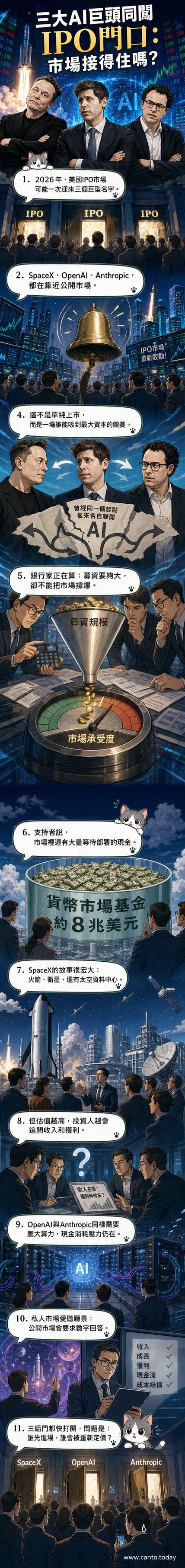 三位科技巨頭馬斯克、奧特曼與阿莫代伊站在火箭、伺服器與AI模型之間，背後是即將登陸資本市場的三大AI公司標誌