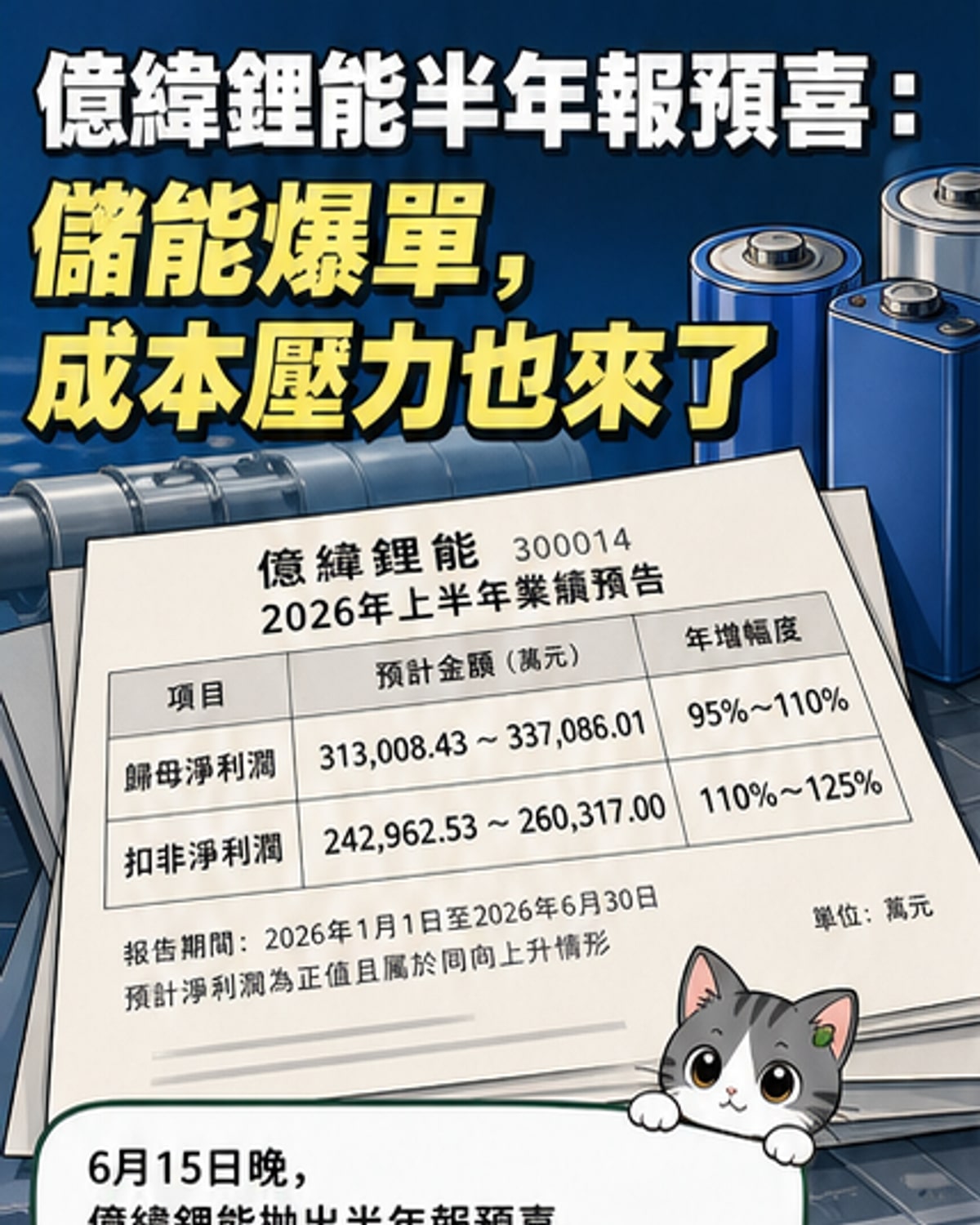 億緯鋰能上半年盈利增95%至110%