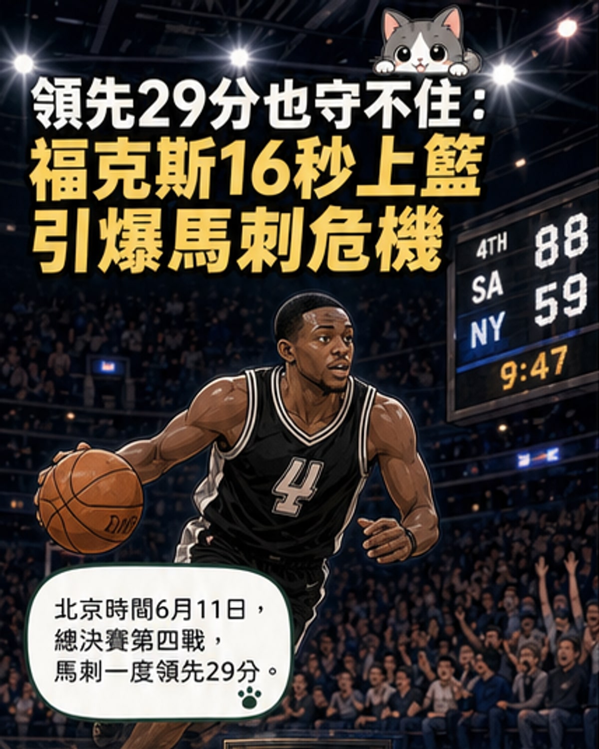 NBA總決賽場上,馬刺球員福克斯在籃下出手遭對手封蓋,表情震驚,背景為滿場觀眾與閃爍燈光。