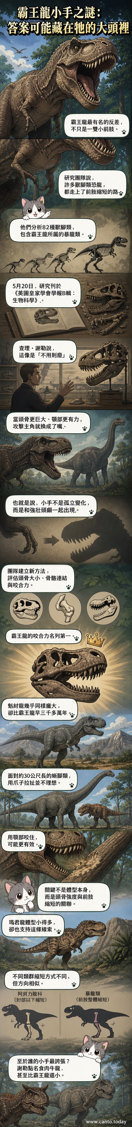 一隻霸王龍站在白堊紀的原野上，抬起它那對相對身體極小的前肢，頭部巨大而威猛，背景是遠古叢林。