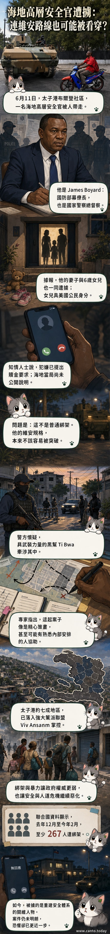 一輛裝甲車守衛海地太子港國家宮，背景是城市街景，展現首都高度軍事化與不安全的環境。