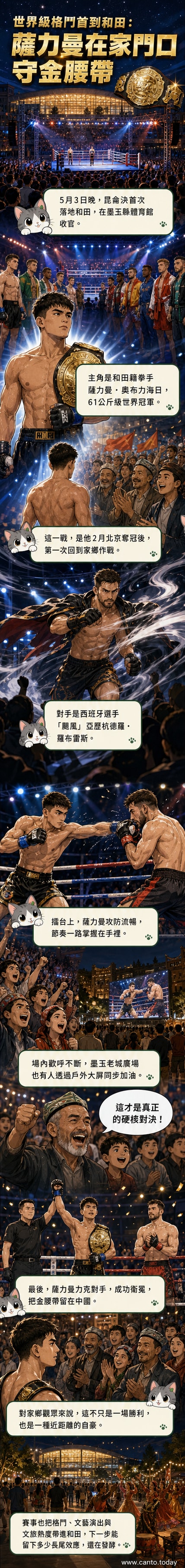 薩力曼在聚光燈下高舉雙手,身披國旗慶祝勝利,現場觀眾熱烈歡呼。