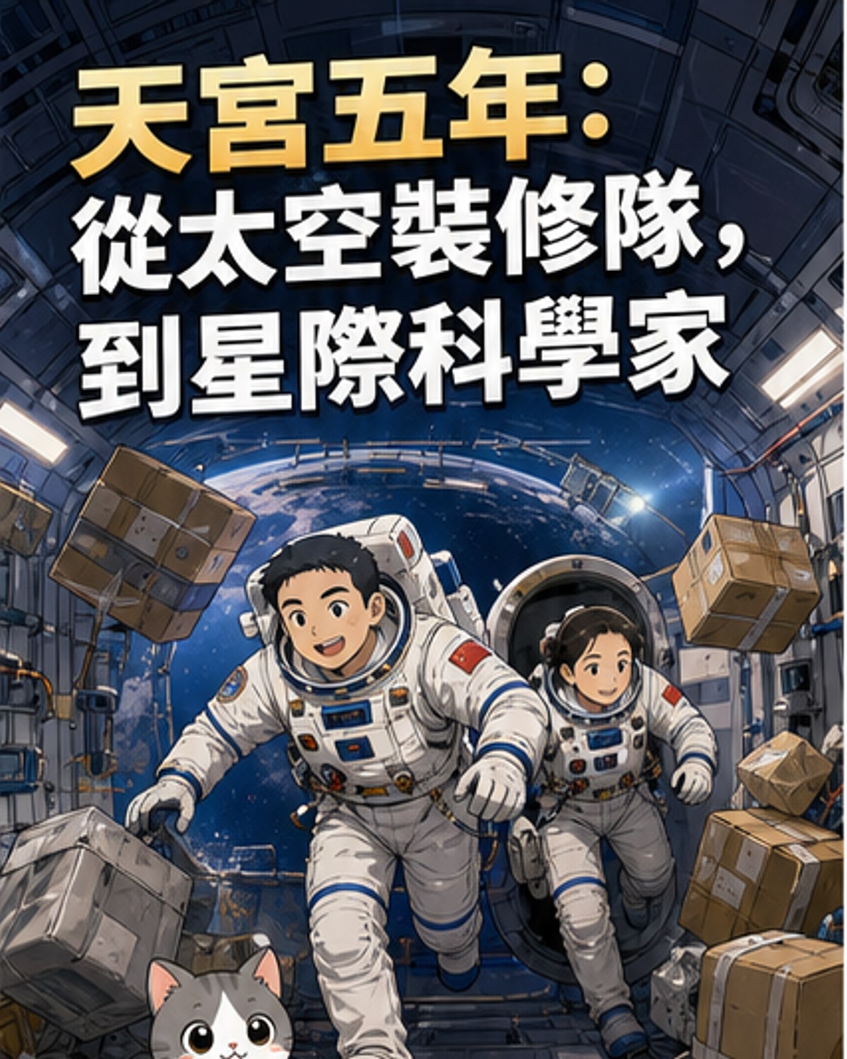漫畫風格呈現中國航天員從早期拆包裹、安裝設備的「太空裝修」場景，轉變為如今在先進實驗櫃前操作科學實驗的畫面，背景為整齊明亮的「天宮」空間站內部。