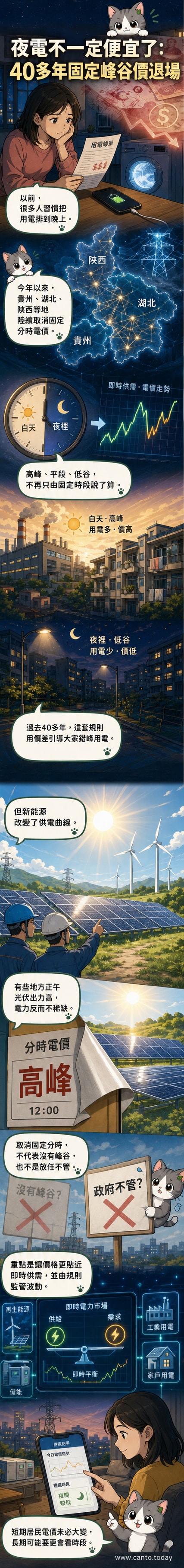 一張插畫顯示夜晚城市燈火通明，電錶快速轉動，旁邊標示「夜間電價不再便宜」的文字標籤