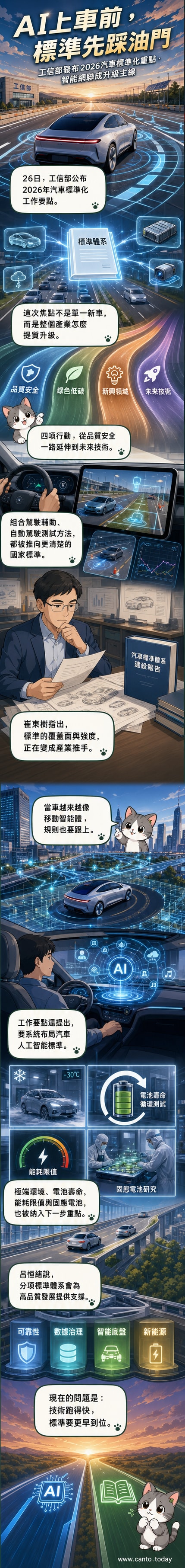 一輛未來風格的智能汽車行駛在數據線條構成的道路上，車身標示「AI」與「標準」字樣，背景為中國工業和信息化部標誌與技術圖示。