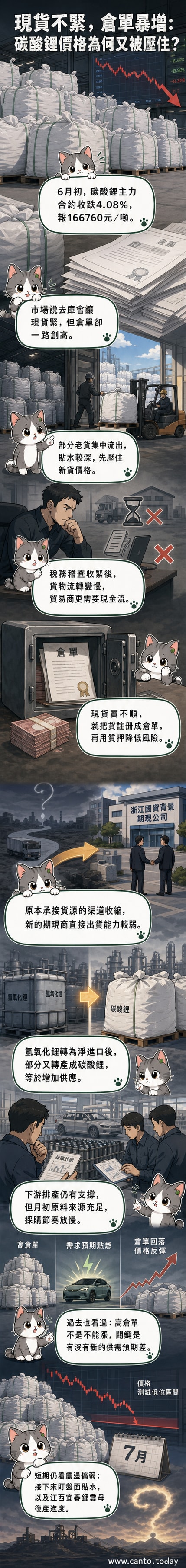 一張視覺化圖表展示碳酸鋰期貨價格下跌與倉單數量創高之間的背離趨勢，背景為電池工廠與倉儲設施。