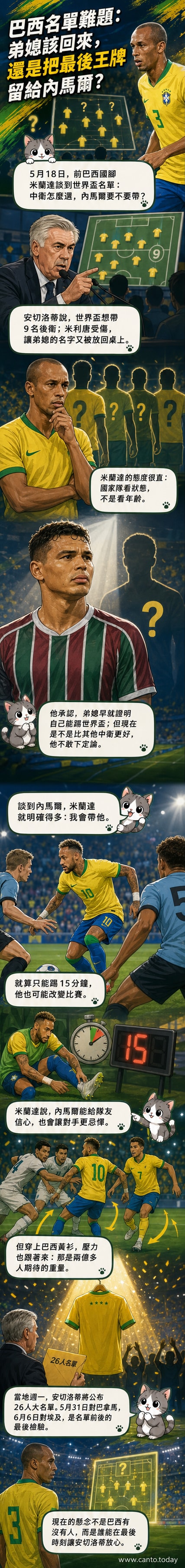 漫畫風格插圖:米蘭達身穿巴西隊舊制服,背景為世界盃賽場,身旁浮現蒂亞戈·席爾瓦與內馬爾的剪影。