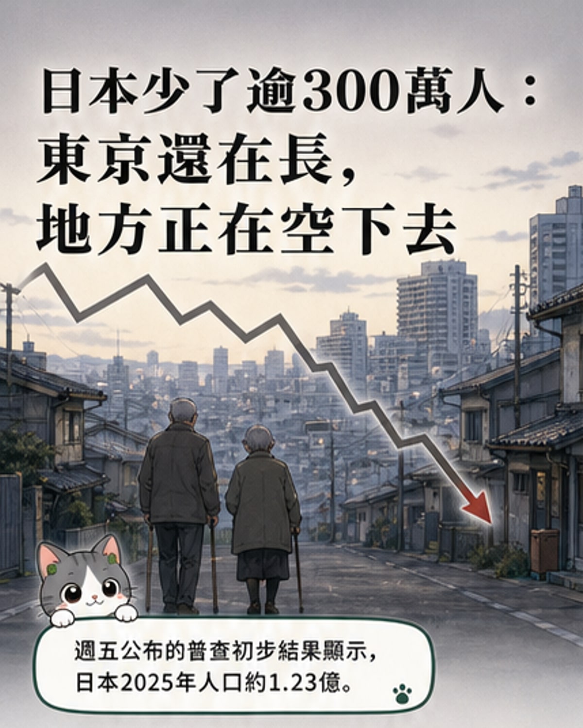 日本地圖顯示多數縣市人口下降,僅東京與沖繩有增長,圖表標示過去五年減少300萬人