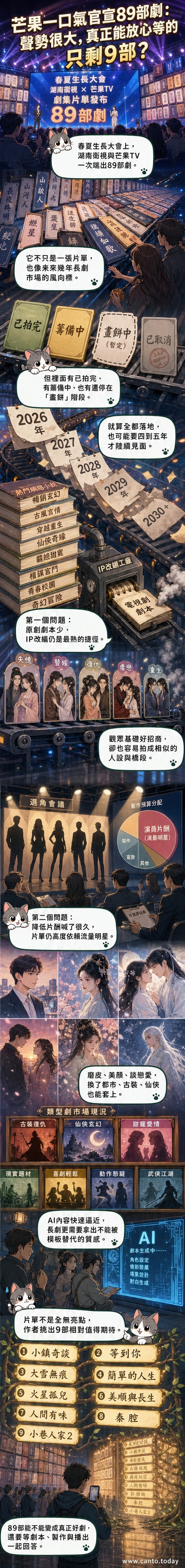一張海報牆上貼滿芒果TV新劇宣傳圖,標題寫著「89部新劇即將登場」,但多數海報風格雷同,僅少數設計突出。