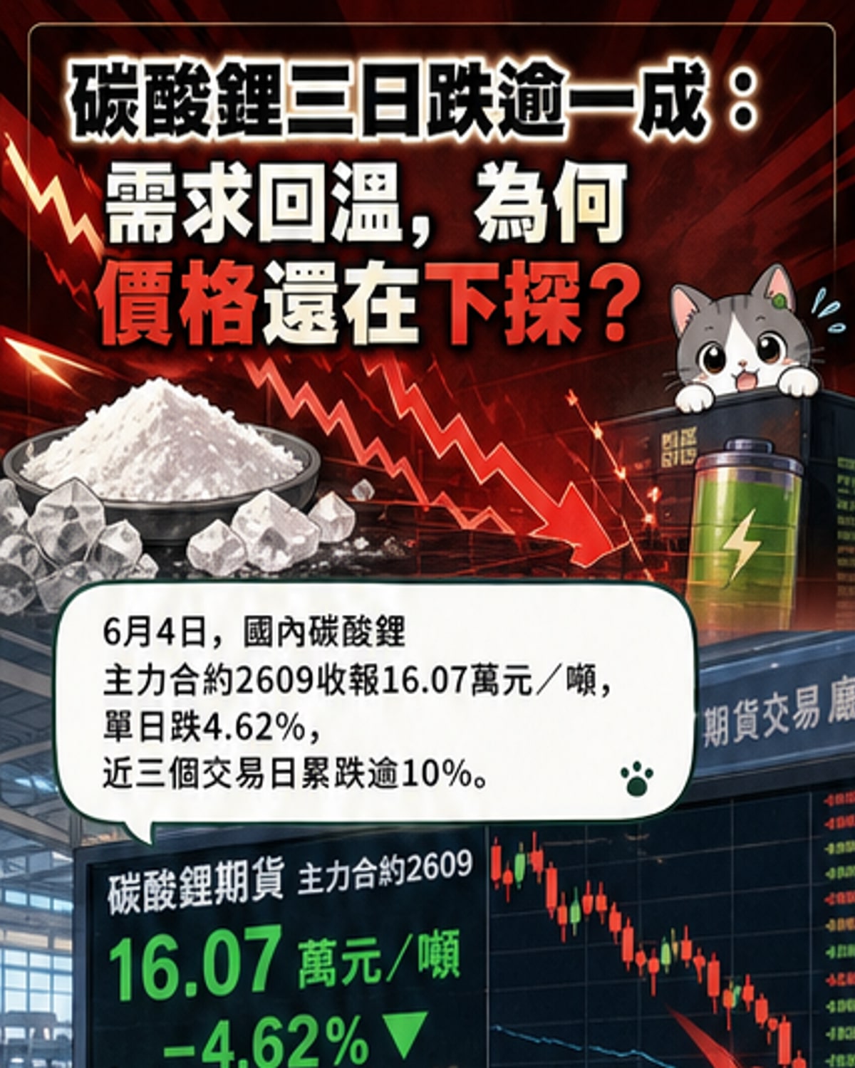 碳酸鋰期貨價格持續走跌