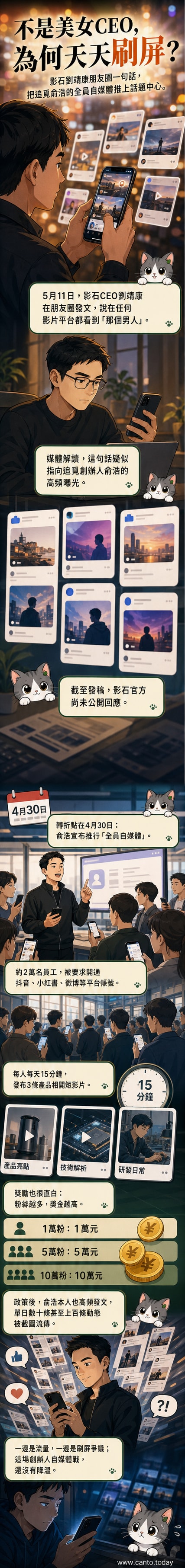插畫描繪一位男子在多個手機螢幕中同時出現,背景為抖音、小紅書、微博等平台標誌,上方文字寫著「那個男人」。