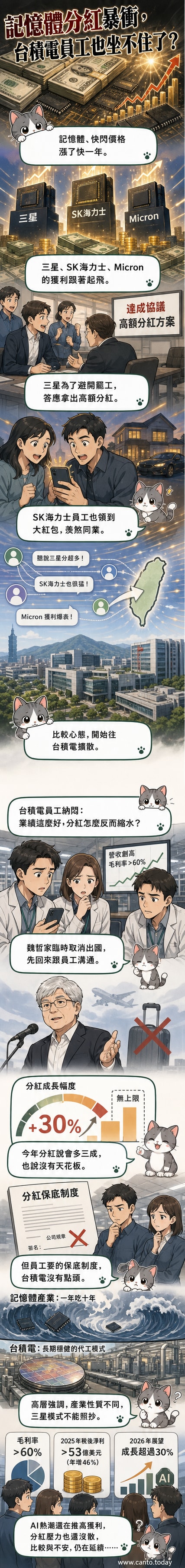 半導體工廠外景與財報圖表疊加,顯示三星與台積電分紅爭議的產業背景