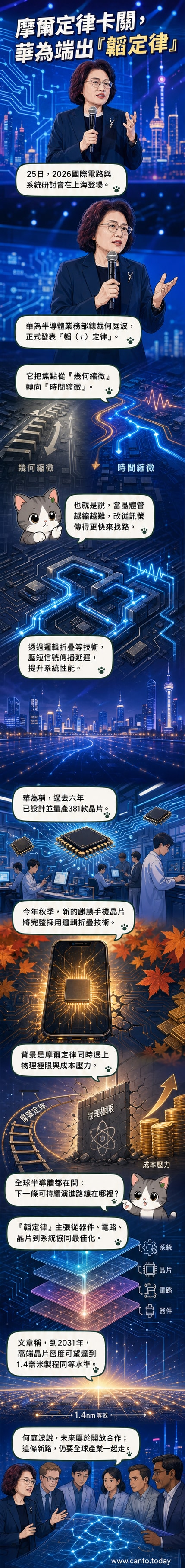 華為技術人員在研討會上展示邏輯摺疊晶片結構示意圖，背景為「韜定律」技術框架圖解。