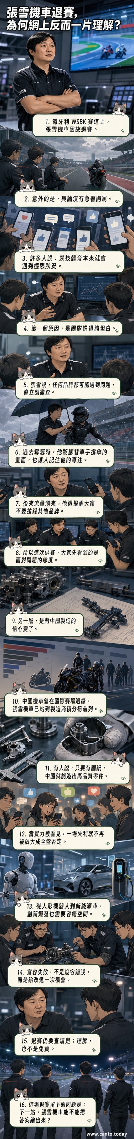 一輛張雪機車在賽道上停滯,車手下車檢查,背景是觀眾席與賽道標誌,天空灰暗暗示比賽中斷,旁有文字框寫著「退賽不是終點」。