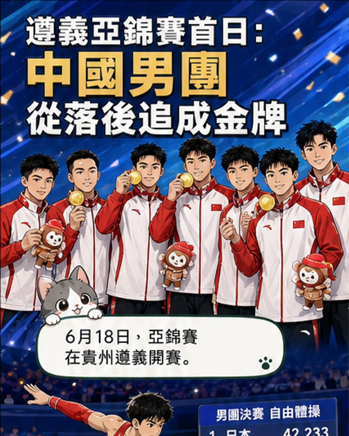 中國體操男團在頒獎台上高舉國旗慶祝奪金，張博恒站在中間舉起金牌，全隊笑容滿面。