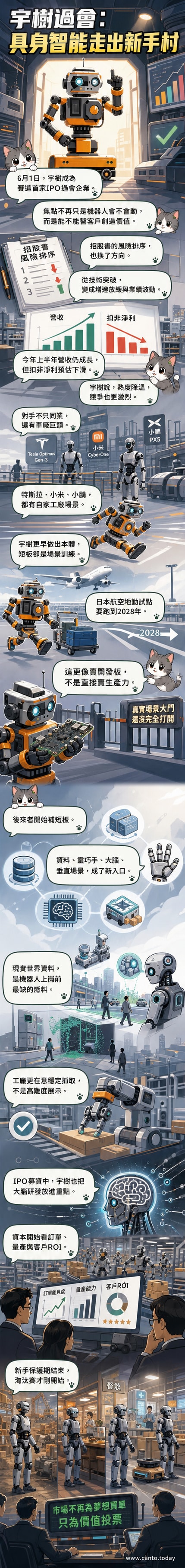 一組人形機器人在工廠環境中協同作業，背景顯示IPO過會公告與數據流動視覺元素，象徵從實驗室邁向商業化。