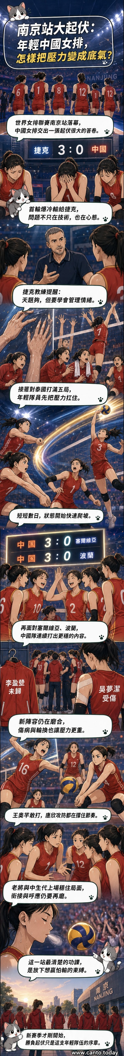 中國女排球員在南京站比賽中慶祝得分,年輕隊伍在國際賽場上展現拼搏精神