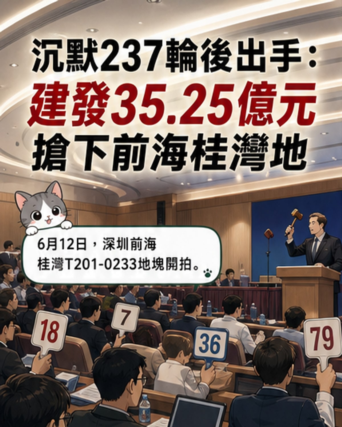 深圳前海桂灣地塊拍賣現場，建發房产經291輪競價後以35.25億元得標，背景為競標牌與建築模型