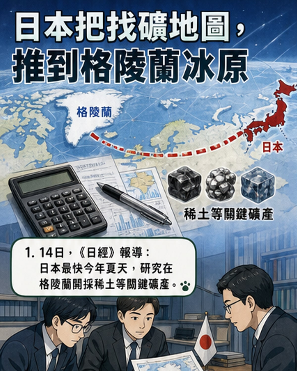 北極圈內的格陵蘭冰原上，科學家準備進行地質勘探，背景是遠處的採礦設備與研究站。