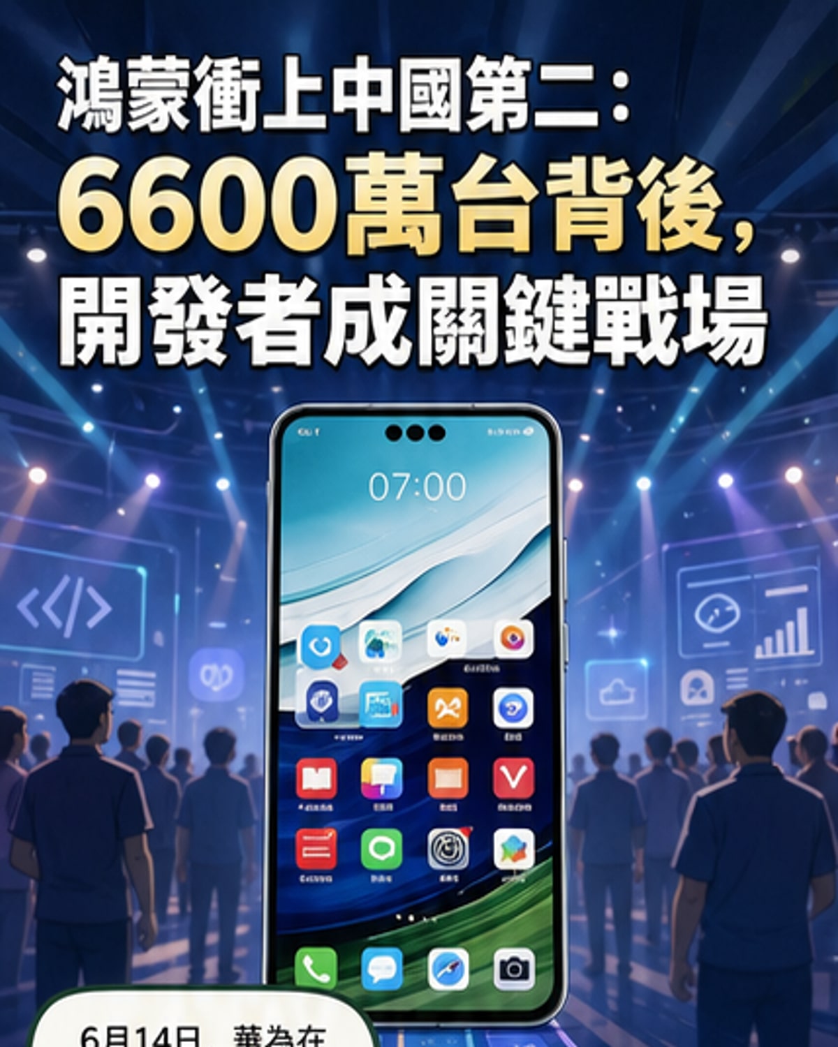 鴻蒙系統標誌與多台華為裝置排列,背景為開發者大會現場,象徵生態系統擴張