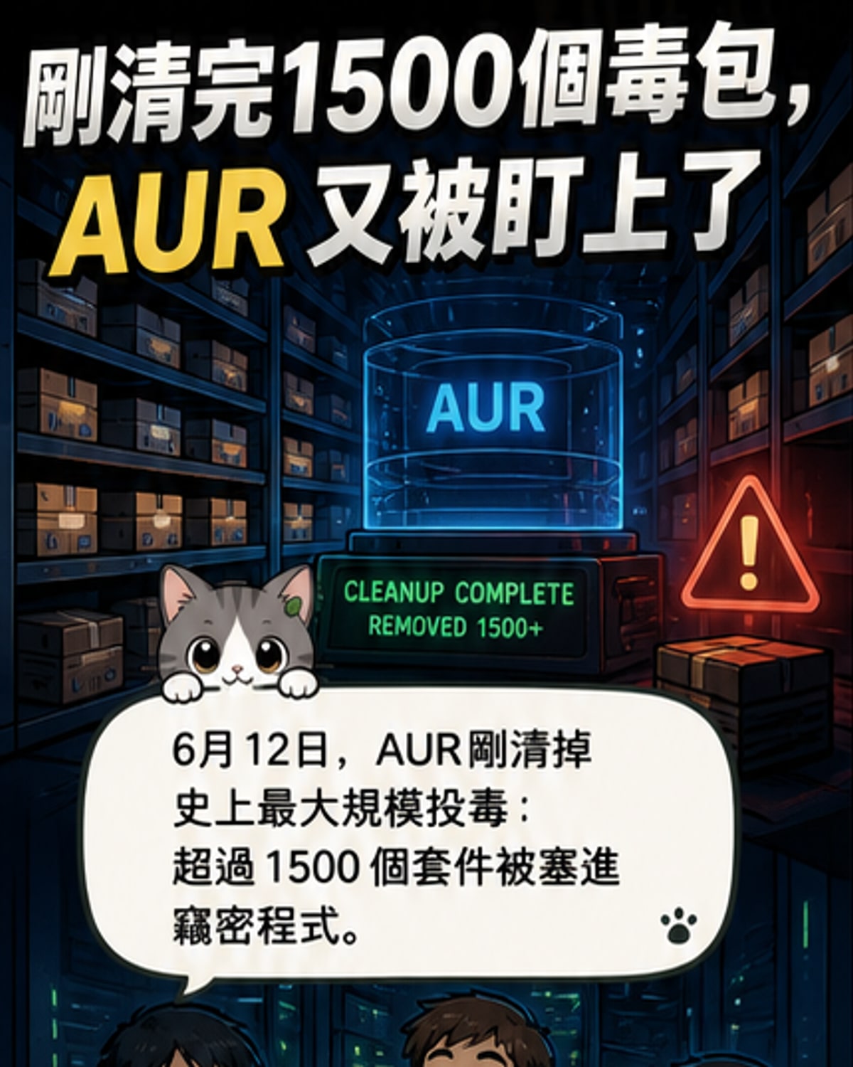 一隻老鼠悄悄在Linux標誌的電腦鍵盤上輸入代碼,螢幕顯示多個被標記為惡意的軟體包,背景為暗紅色警示光。