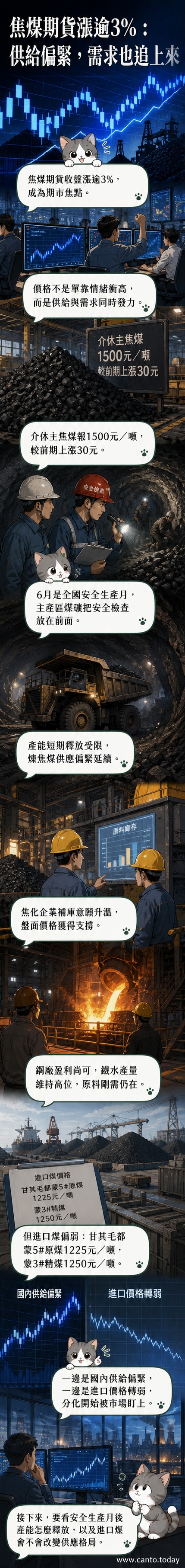 一輛煤炭運輸車駛過礦區，背景是堆疊的煤山與遠方的工業設施，象徵當前焦煤供需緊張的市場狀態