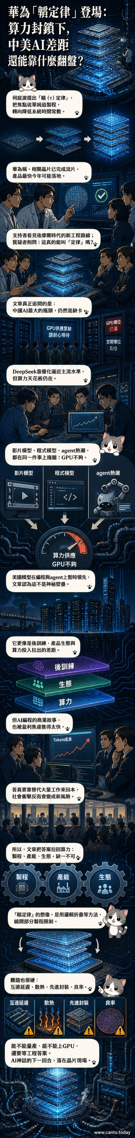 一塊華為晶片在電路板上發出藍光，背景是半導體工廠與AI模型運算視覺化圖像