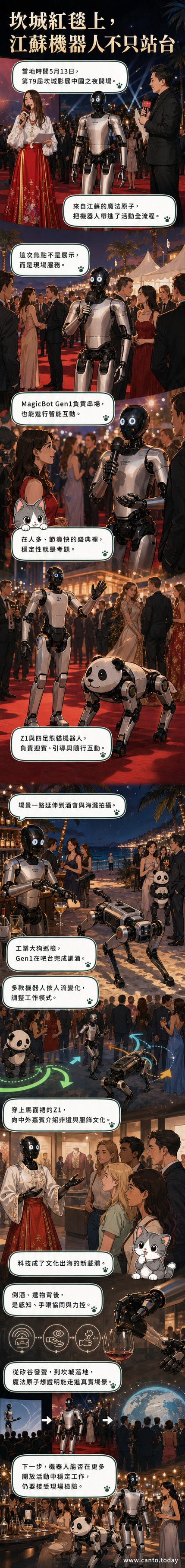 身穿馬面裙的江蘇自研人形機器人MagicBot Z1站在坎城影展紅毯旁,與嘉賓互動,背景為電影節標誌與沙灘海景。