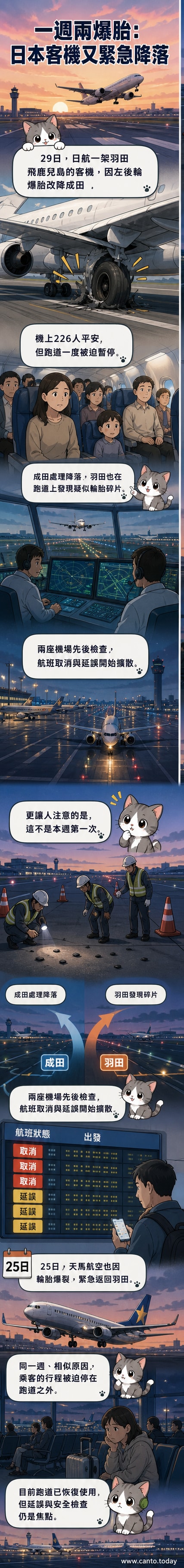 日本成田機場上空,一架日航客機在跑道降落,背景顯示機身左側後輪明顯缺損,地面應急車輛待命。