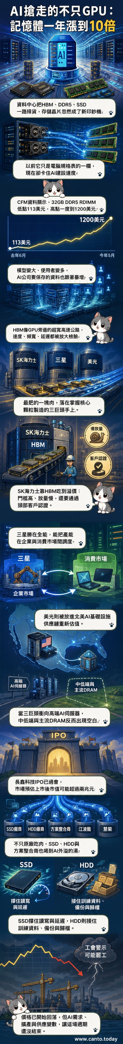 一組堆疊的AI伺服器記憶體模組,背景為數據流動的藍色光軌,象徵AI對高頻寬儲存的強大需求