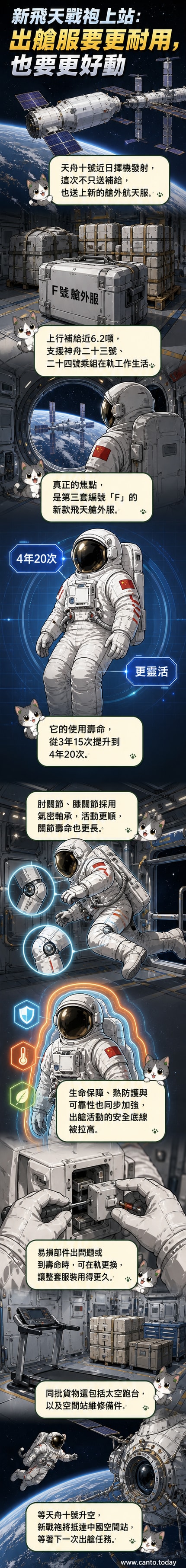 一組中國新款「飛天」艙外航天服懸浮在中國空間站外,航天員正準備進行出艙活動,背景為地球藍色弧線與星空。
