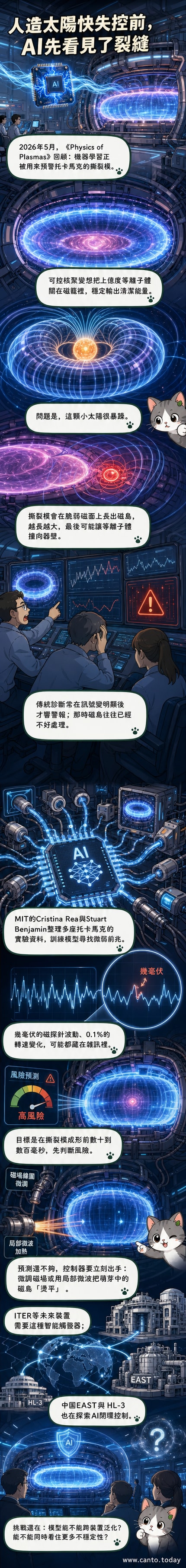 一幅視覺化圖像:環形托卡马克裝置內部,AI晶片發出藍光,即時監控並壓制等離子體中的紅色磁氣泡,磁場線呈現穩定螺旋結構。