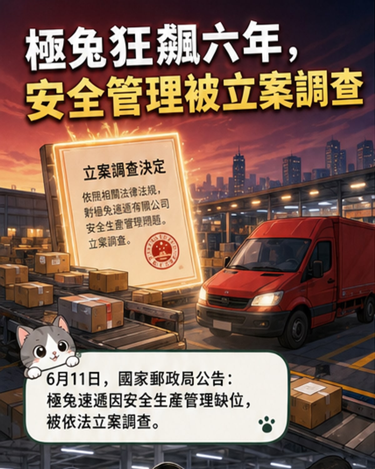 極兔速遞貨車與分揀中心示意圖，背景為國家郵政局公告截圖，象徵監管與企業管理的交織壓力