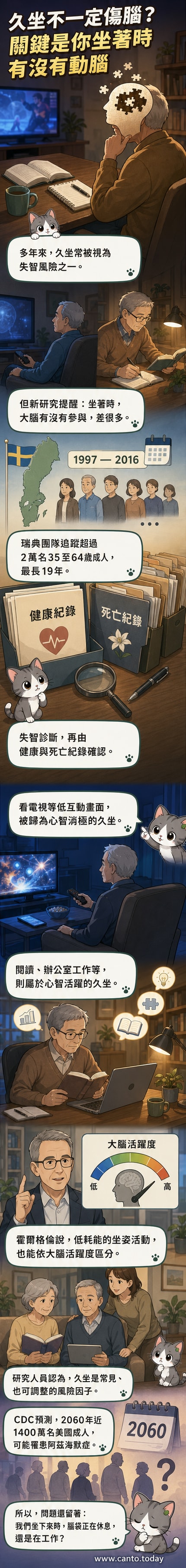 一名中年男子坐在沙發閱讀書籍，旁邊茶几上放著筆記本與眼鏡，背景有電視正在播放節目但無人觀看，象徵動腦與被動久坐的對比。