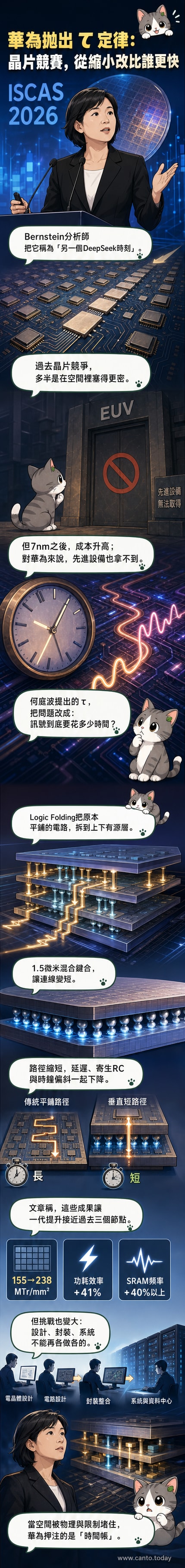 華為「芯片女王」何庭波在ISCAS 2026演講現場，背景為「τ定律」技術架構圖，展示3D堆疊與時間延遲優化概念