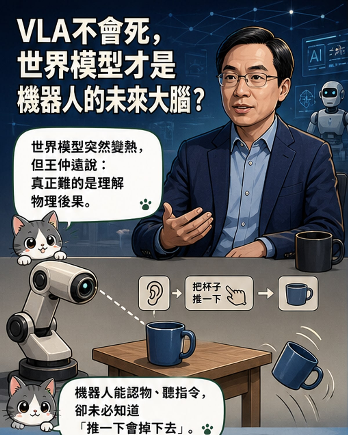 一張示意圖展示機器人站在房間中,眼前浮現多層預測畫面:杯子傾倒、水流蔓延、地面濕滑,代表世界模型對物理狀態的推演。