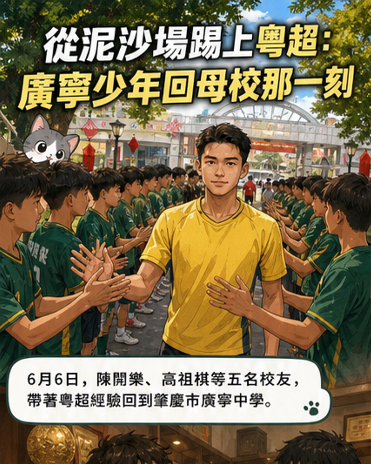 五位球員身穿球衣站在校門前,身後是廣寧中學的標誌與綠茵場,陽光灑落,象徵夢想成真。