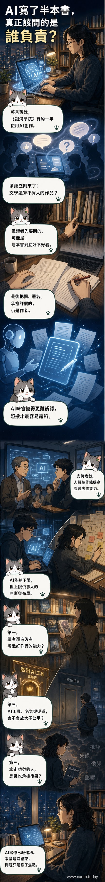一位作家坐在書桌前,筆電螢幕上顯示著AI生成的文字,紙本筆記本上寫著手寫筆記,象徵人類與人工智慧協作創作的場景。