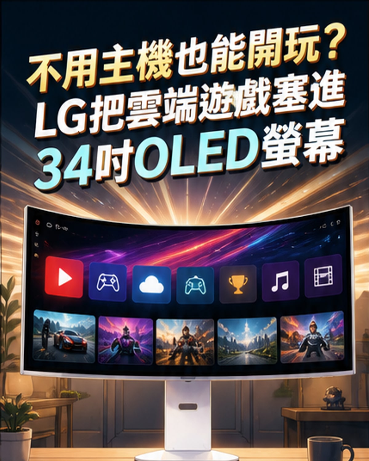 LG UltraGear 34GX90SB-W曲面OLED顯示器,展示其超薄邊框與沉浸式螢幕設計,螢幕上顯示雲遊戲介面與Netflix應用圖示。