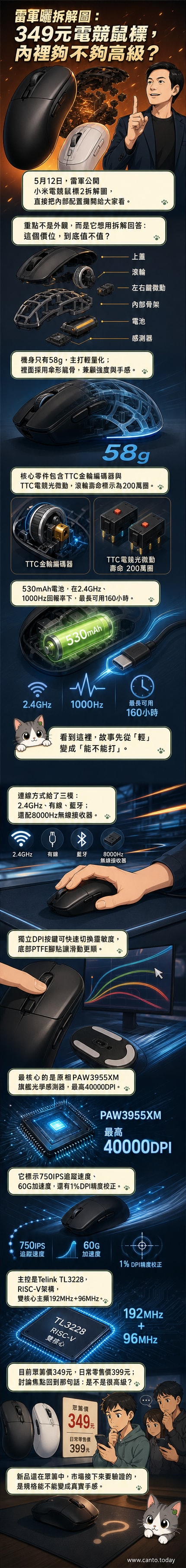 雷軍手持拆解後的小米電競滑鼠2,展示內部精密結構與輕量化設計。