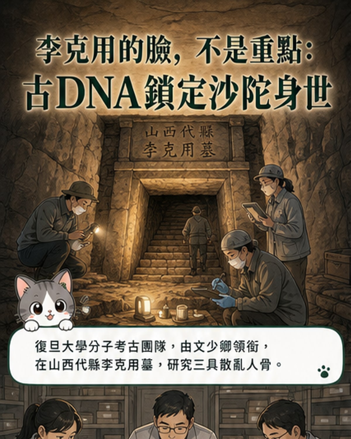 李克用墓遺骨的基因分析示意圖，顯示其東西混合的遺傳構成與父系母系譜系來源。