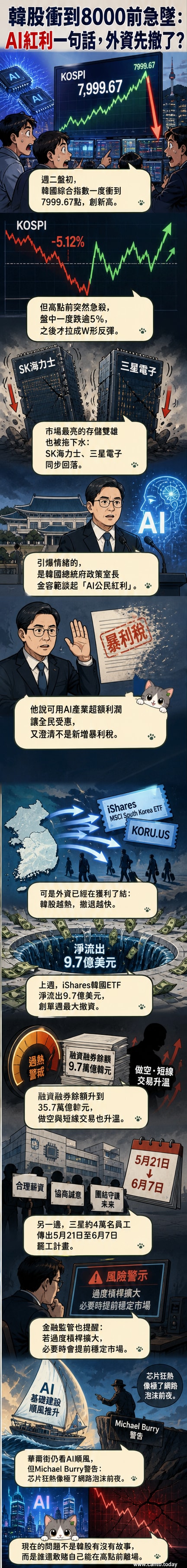 韓國股市指數在AI熱潮與外資撤離雙重壓力下劇烈震盪，圖表顯示指數從歷史高點反轉暴跌走勢。