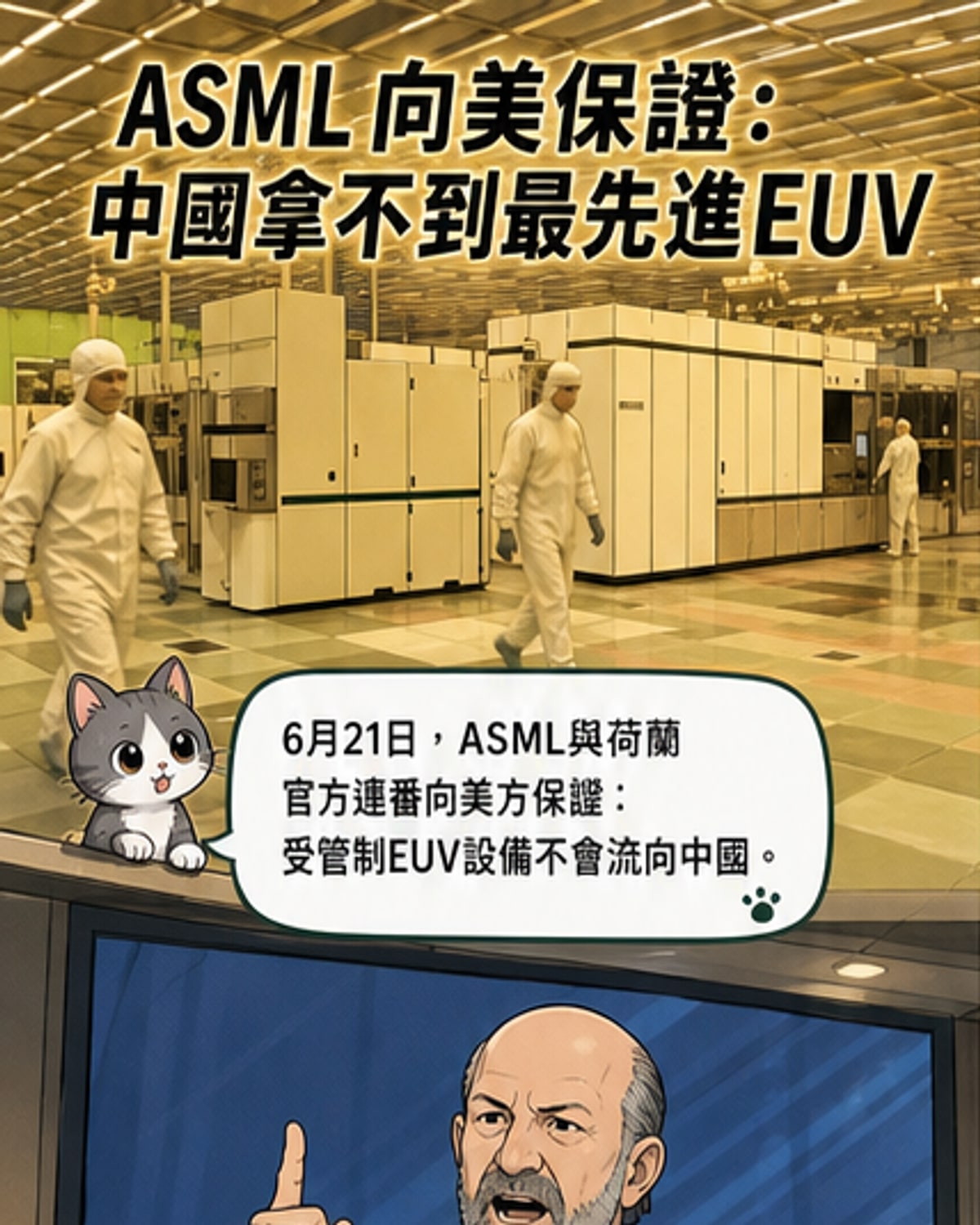 一臺封閉的EUV光刻機被鎖在標有「禁運」的貨櫃中,背景是ASML總部與中美荷三國國旗,象徵技術出口管制的緊張局勢。