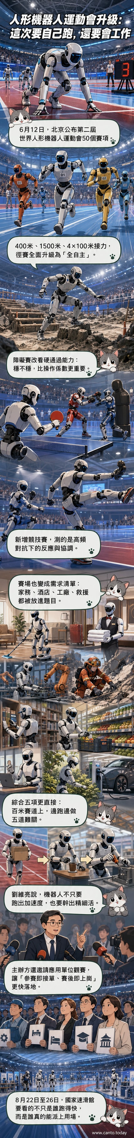 一組人形機器人正在跑道上奔跑，背景為國家速滑館，象徵科技與運動的結合。