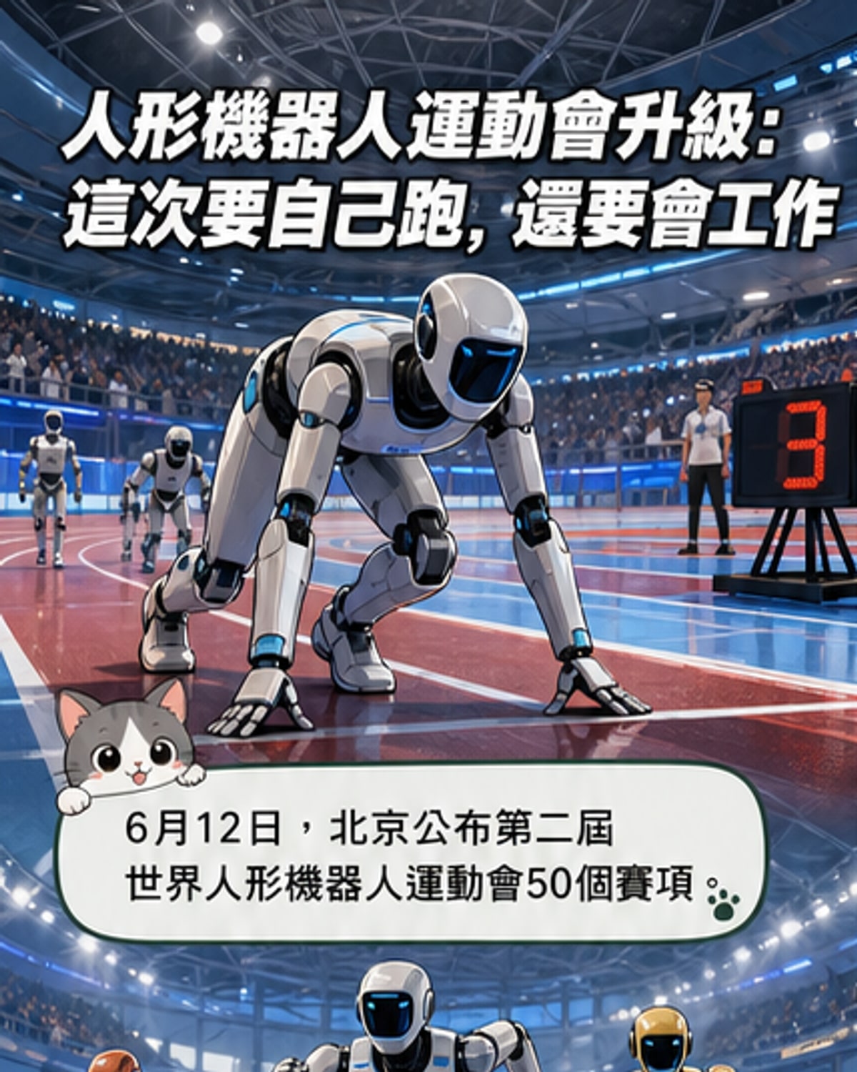 一組人形機器人正在跑道上奔跑，背景為國家速滑館，象徵科技與運動的結合。
