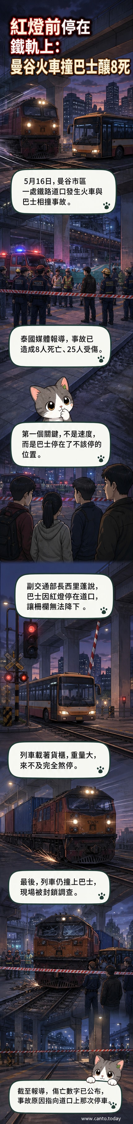 泰國曼谷火車與巴士相撞事故現場，警戒線圍繞，救難人員正在處理殘骸。